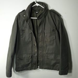 H&M Mens Military Jacket Olive Green Coat 40R Hood
